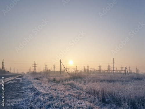Spectacular sunrise in the morning and winter landscape