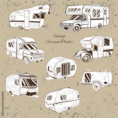 Vintage Set isolated Hand Drawn, doodle Camper trailer, car Recreation transport, Vehicles Camper Vans Caravans Icons. Motor home. Graphic object.