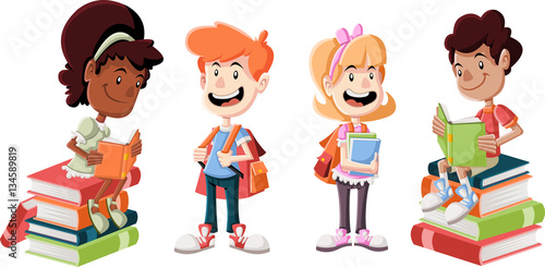 Cute cartoon children with books. Students.

