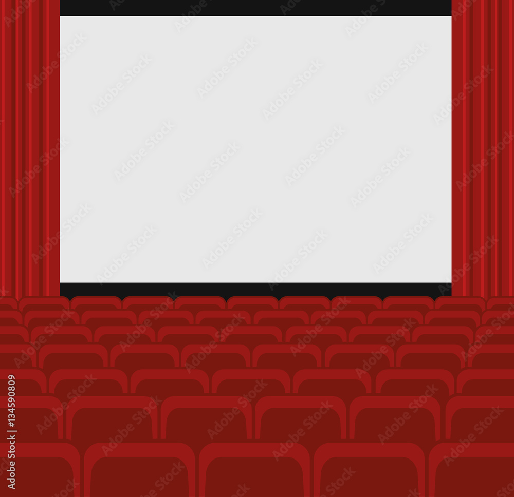 Cinema auditorium with screen and red seats. Vector.