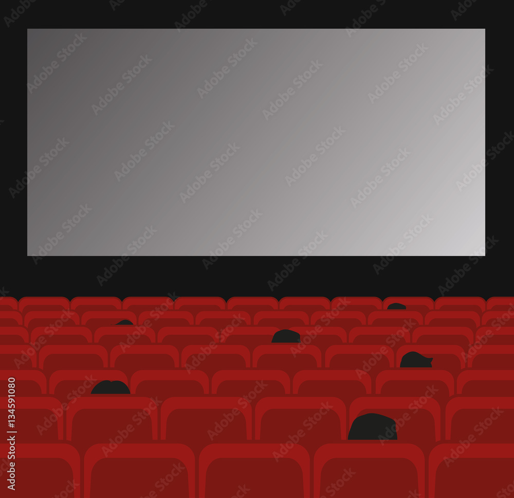 Cinema auditorium with screen, red seats and people watching mov