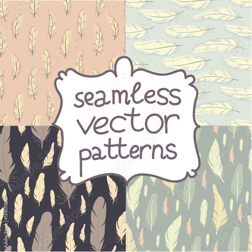 Simple seamless patterns set with feathers