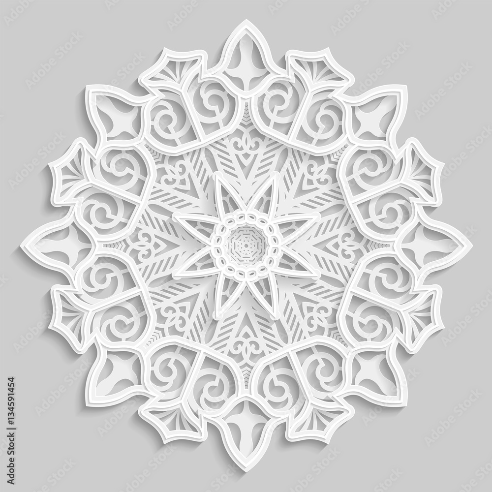Lace 3D mandala, round symmetrical openwork pattern, lacy doily, decorative snowflake, arabic ornament, indian ornament, embossed pattern, decorative design element, vector Lace 3D mandala, round symmetrical openwork pattern, lacy doily, decorative snowflake, arabic ornament, indian ornament, embossed pattern, decorative design element, vector