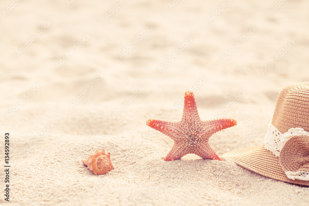 Starfish and hat on the beach,Concept summer Starfish and hat on the beach,Concept summer