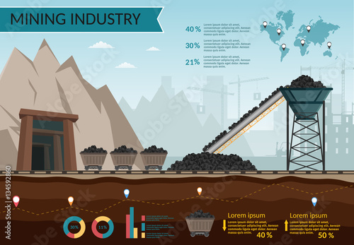 Coal mining industry and transportation set infographics elements isolated vector technics buildings
