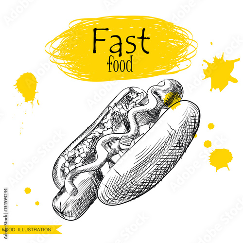 PrintHand drawn Hot Dog isolated on white background with yellow blots. Fast food sketch elements vector illustration. photo