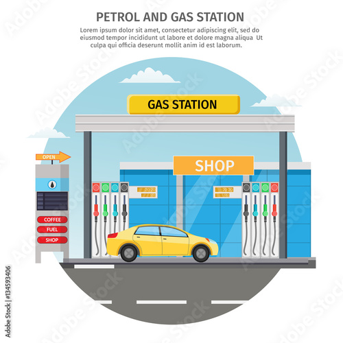 Gas filling station Vector flat illustration of oil service with shop infographics elements and background