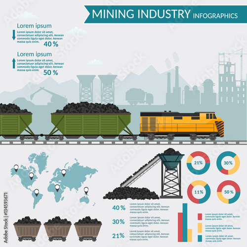 Coal mining industry and transportation set infographics elements isolated vector technics buildings