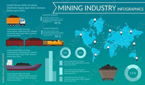Coal mining industry and transportation set infographics elements isolated vector technics buildings