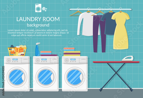 Laundry room interior vector background with iron, washer machine, powder and clothes.