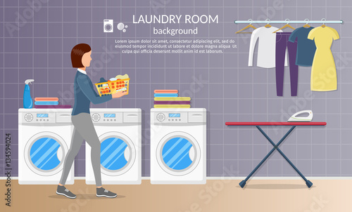 Laundry room interior vector background with iron, washer machine, powder and clothes.