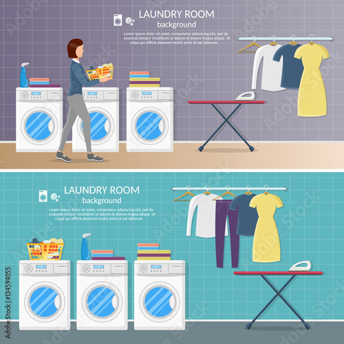 Laundry room interior vector background with iron, washer machine, powder and clothes.