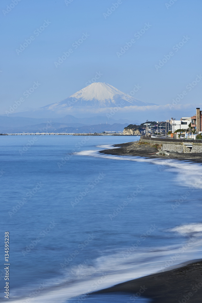View of Mount Fuji and sea from Inamuragasaki on a Winter morning, Kanagawa Prefecture, Japan