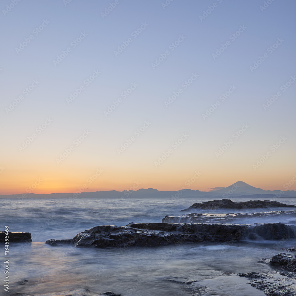 Fototapeta premium View of Mount Fuji and silky water after sunset from Enoshima, Kanagawa Prefecture, Japan