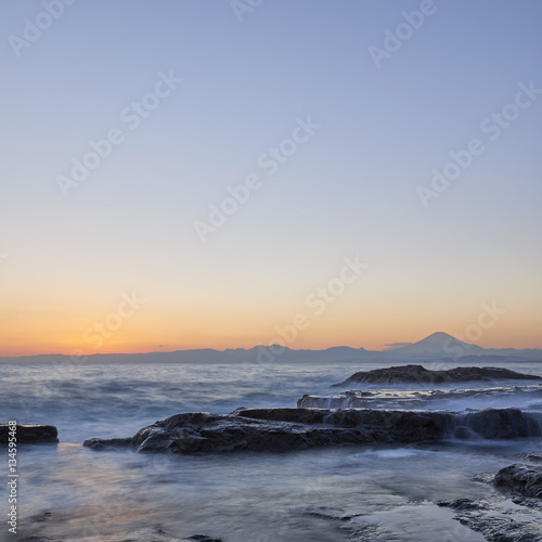 View of Mount Fuji and silky water after sunset from Enoshima, Kanagawa Prefecture, Japan