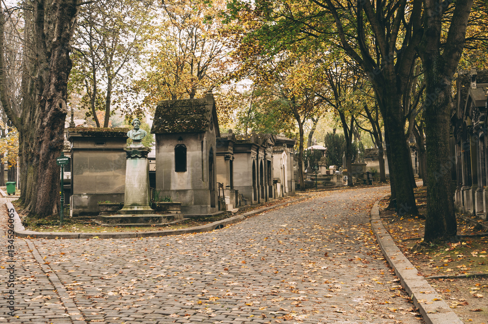 Old french cemetery tombs in autumn