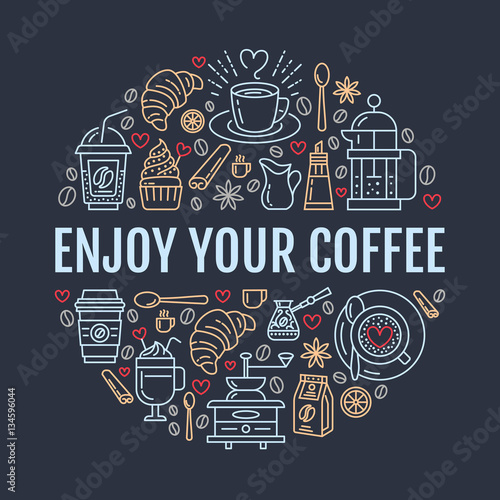 Coffee making poster template. Brewing vector line icon, circle illustration for menu. Elements - coffemaker, french press, coffee grinder, espresso, croissant, cupcake.