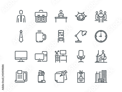 Office. Set of outline vector icons. Includes such as Business Meeting, Workplace, Building, Stationery and other.