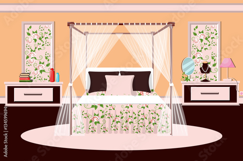 The interior of the bedroom . Room for girls . Vector illustration.