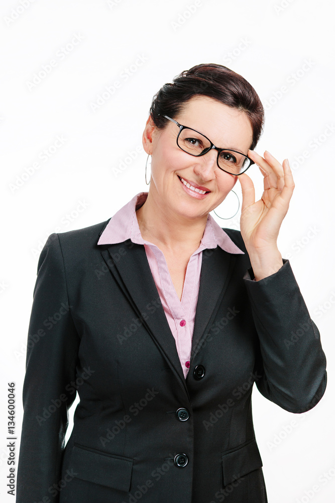 Cute business lady in black jacket and glasses on white background Cute business lady in black jacket and glasses on white background