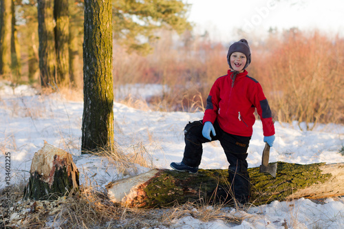 boy chopping wood in the winter on the nature