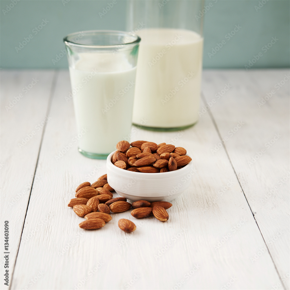Almonds and almond milk in the background
Almonds and almond milk in the background