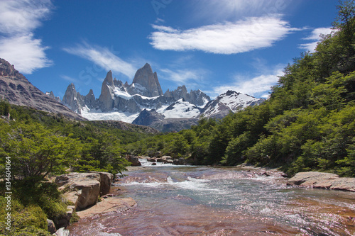 view from a stream on Fitz Roy mountain in Los Glaciares National Park in Argentina