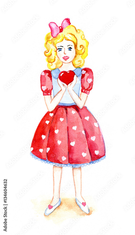 Girl with heart, Valentine's day, watercolor Girl with heart, Valentine's day, watercolor