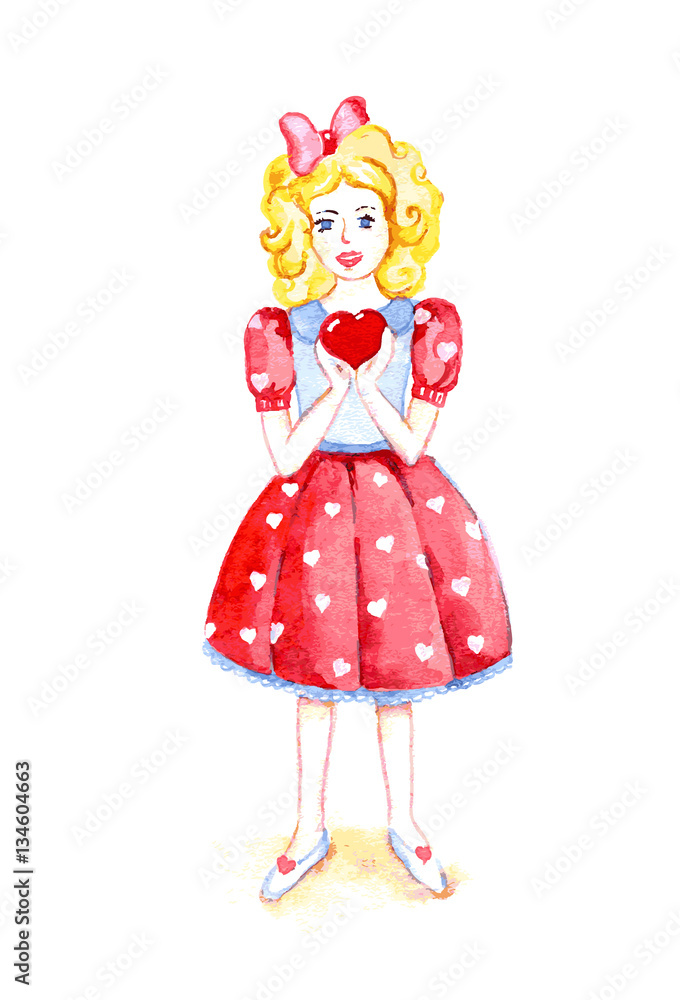 Girl with yellow hair in a dress holding a heart. Illustration o Girl with yellow hair in a dress holding a heart. Illustration o