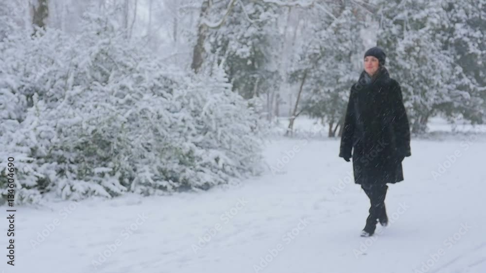 Happy girl walking in a winter park. Slow motion. Happy girl walking in a winter park. Slow motion.