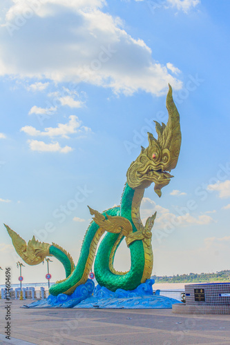 Amazing Naga Sculpture at Mekong Riverside nearby Walking Street in Nongkhai  Thailand. Naga is a very great snake  specifically the king cobra  found in the Indian religions of Hinduism and Buddhism.