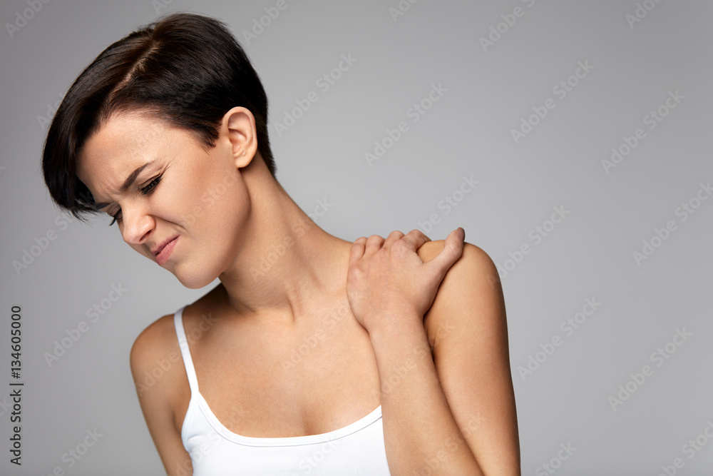 Neck Pain. Beautiful Woman Having Pain In Neck, Painful Feeling Neck Pain. Beautiful Woman Having Pain In Neck, Painful Feeling