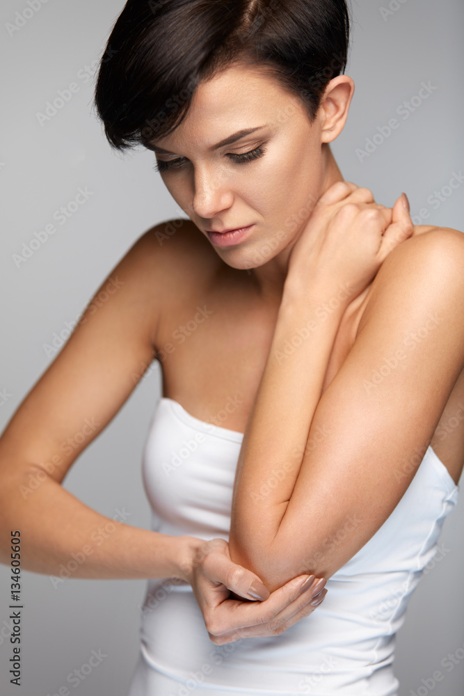 Body Pain. Beautiful Woman Feeling Pain In Elbows, Painful Arm Body Pain. Beautiful Woman Feeling Pain In Elbows, Painful Arm