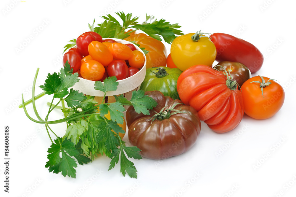 variétés de tomates et herbe sur fond blanc variétés de tomates et herbe sur fond blanc