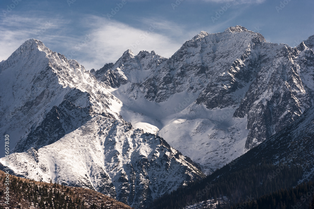Beautiful winter scenery of the great snowy mountain peaks