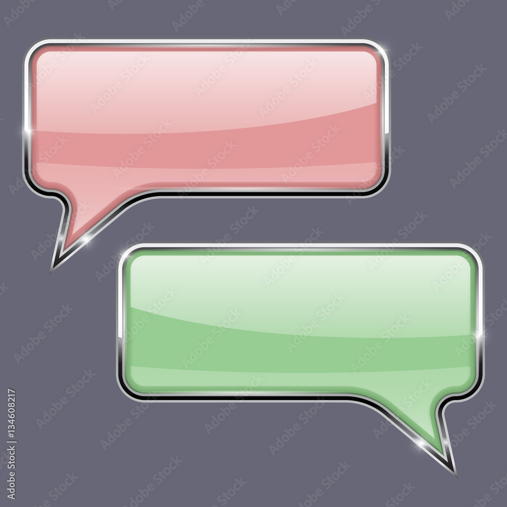 Naklejka premium Speech bubbles. Pink and green 3d icons with chrome frame