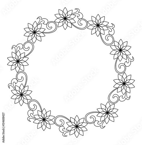 Elegant round frame with contours of flowers. Vector clip art