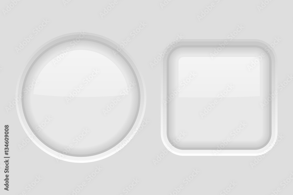 Round and square buttons. Set of white plastic web elements Round and square buttons. Set of white plastic web elements