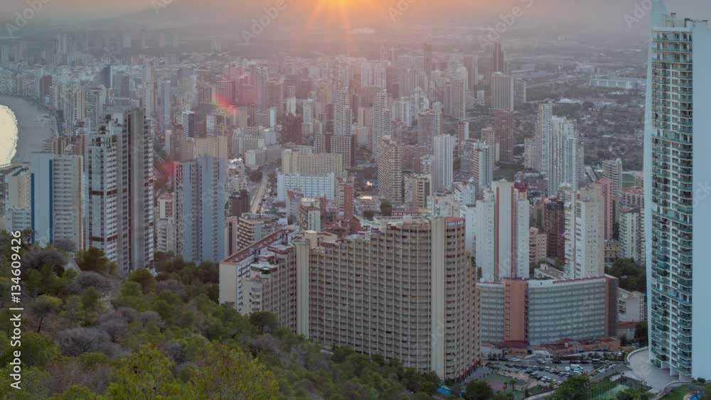 timelapse of the coast and high rise skyline of benidorm seaside resort, shot from a high vantage point, spain timelapse of the coast and high rise skyline of benidorm seaside resort, shot from a high vantage point, spain