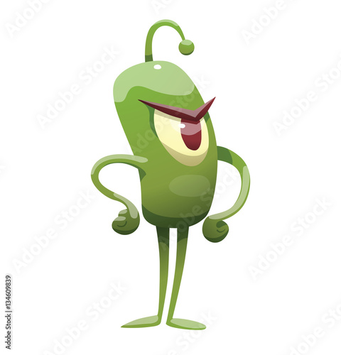 Vector cartoon image of funny green microbe with one big eye, with an antenna, with arms and legs, standing angry on a white background. Positive character. Creature. Vector illustration.