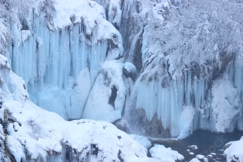 Frozen waterfalls on Plitvice lakes, winter scene