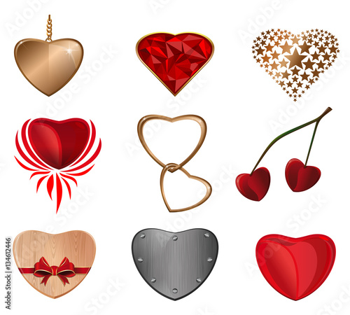 Heart icon set. Hearts of different materials for Valentine's Day. Heart love icon. Vector illustration