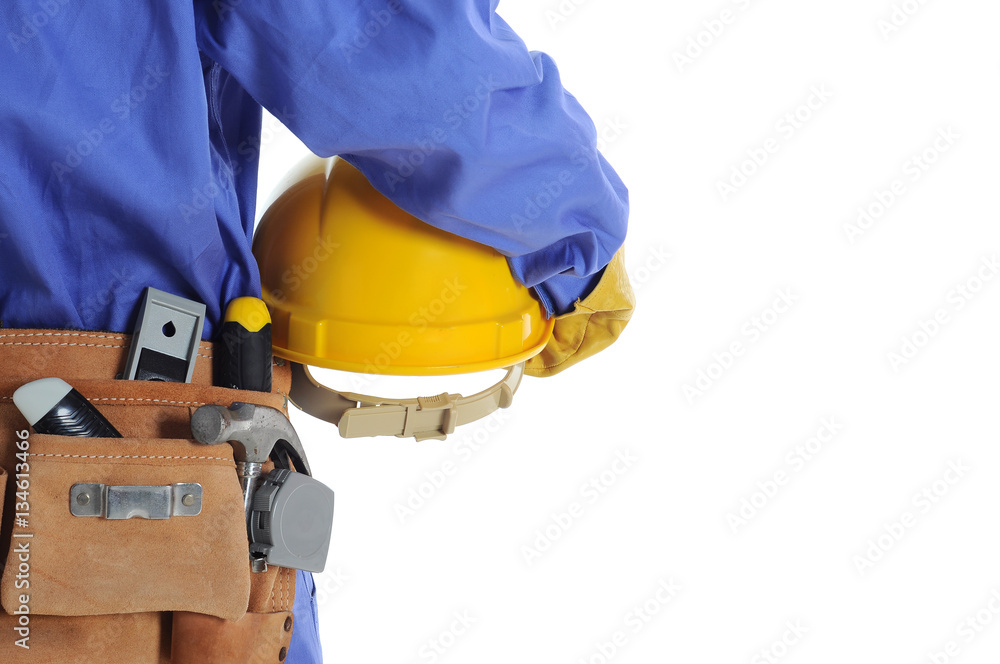 Naklejka premium Construction worker with tool bag & yellow safety helmet.
