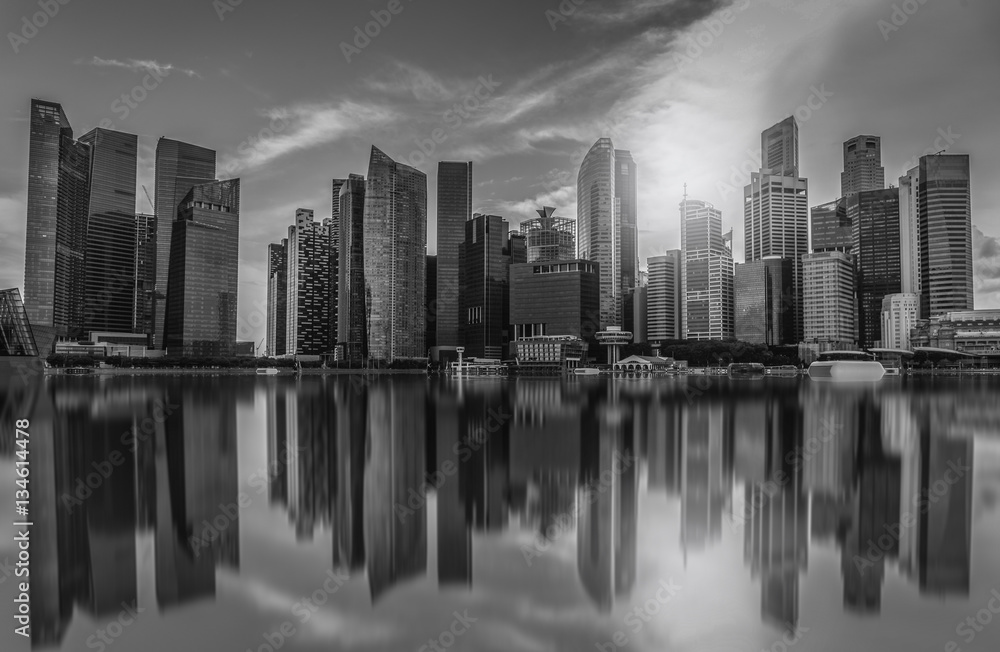 Black and white Singapore city skyline of business district down in day time
