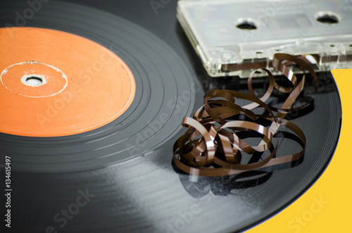 vintage vinyl record and audiotape