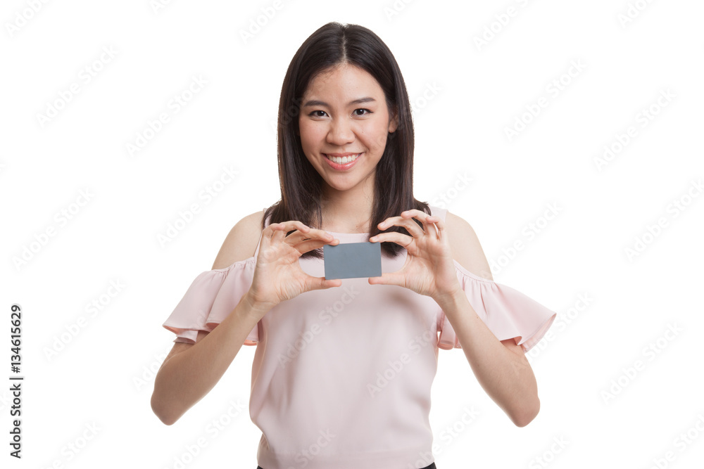 Young Asian business woman smile with blank card. Young Asian business woman smile with blank card.