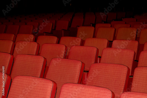 Red chairs from the tissue in an empty auditorium