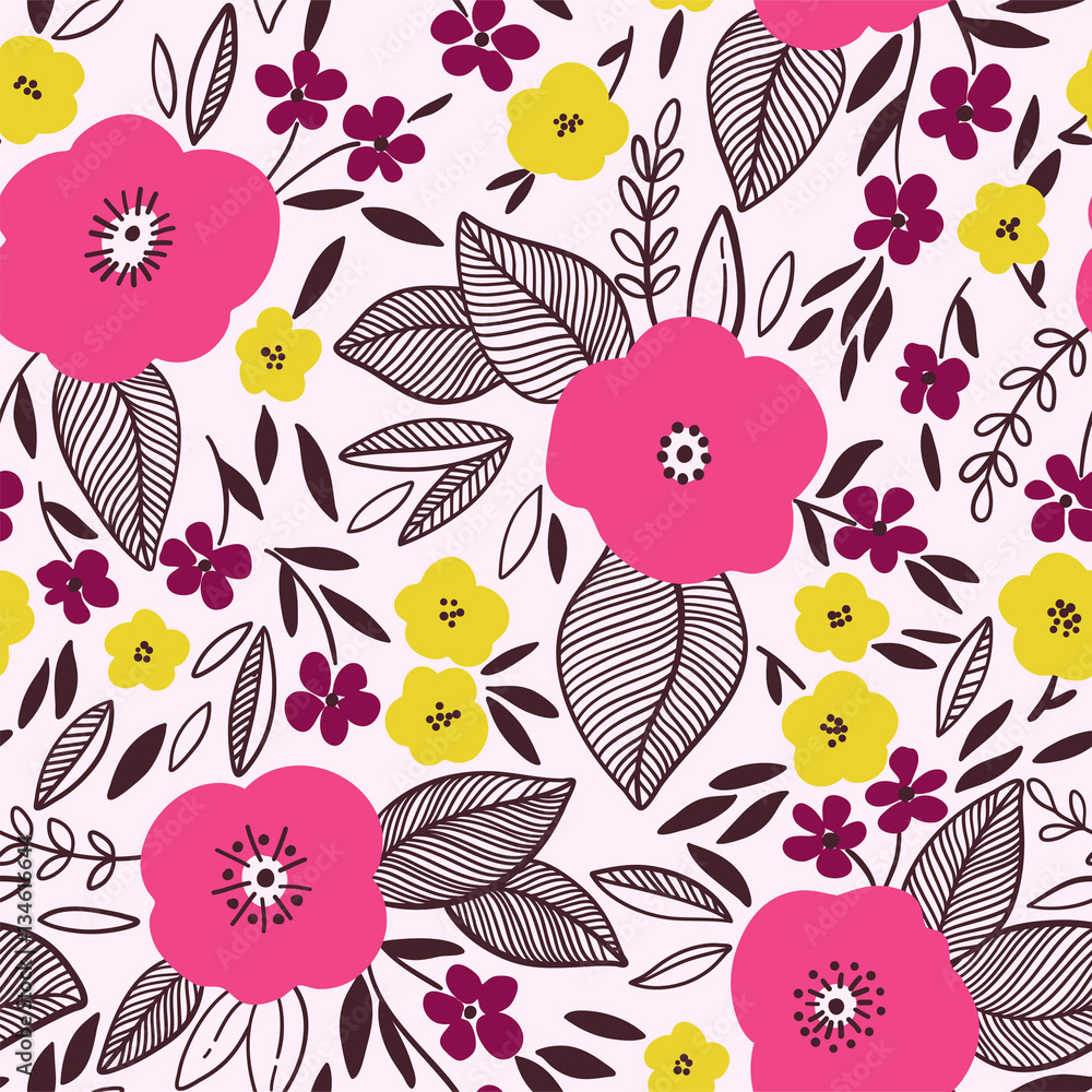 Vector floral pattern in doodle style with flowers and leaves.