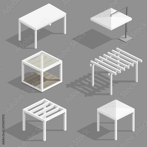 Set of modern beach gazebos and umbrellas for terraces and spas. Vector graphics