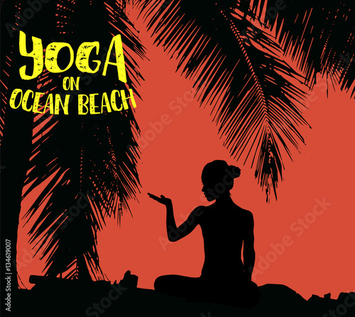 Girl makes yoga exercise on the tropical pam beach. Vector image.